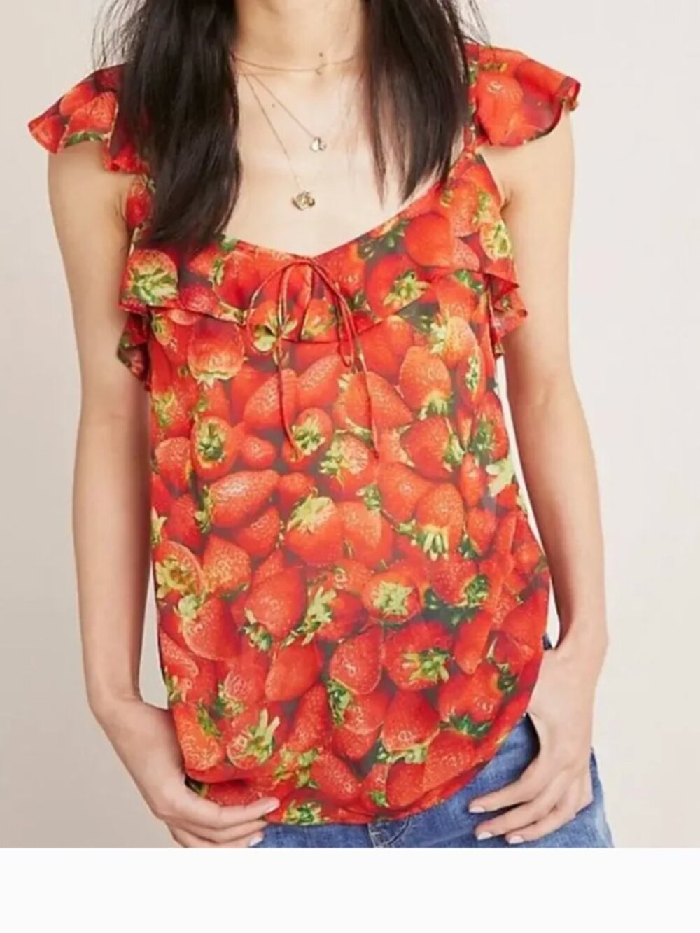 by Anthropologie Strawberry Print Lightweight Ruffle Tank Top Blouse sz 6